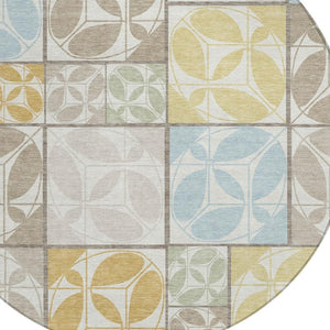HomeRoots 8 Ft Round Geometric Polyester Area Rug Washable Indoor Outdoor Ivory Neutral 733964
