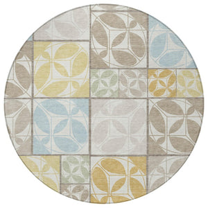 8 Ft Round Geometric Polyester Area Rug Washable Indoor Outdoor Ivory Neutral