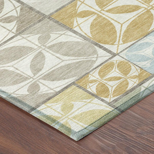 8 Ft Round Geometric Polyester Area Rug Washable Indoor Outdoor Ivory Neutral