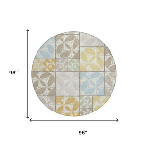 8 Ft Round Geometric Polyester Area Rug Washable Indoor Outdoor Ivory Neutral