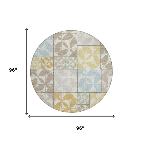 8 Ft Round Geometric Polyester Area Rug Washable Indoor Outdoor Ivory Neutral