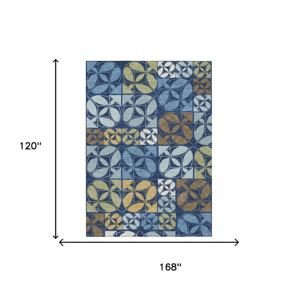 10 Ft X 14 Ft Navy Geometric Polyester Area Rug Washable for Patio or Living Room