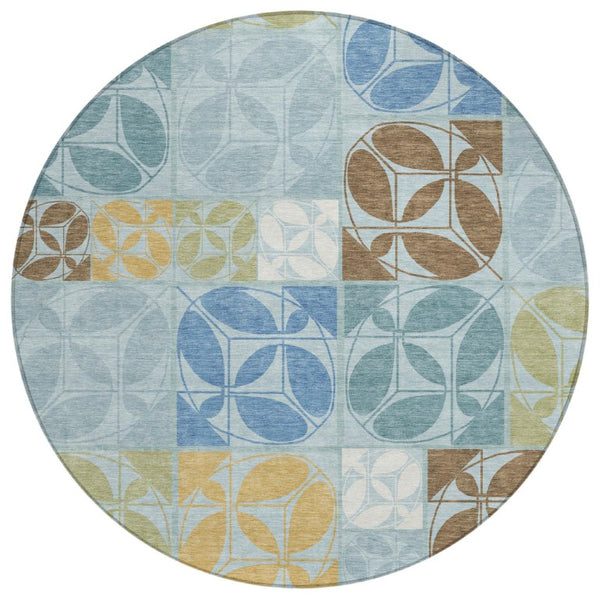 8 Ft Round Geometric Polyester Area Rug Washable Sky Blue Indoor Outdoor Patio