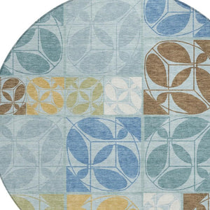 HomeRoots 8 Ft Round Geometric Polyester Area Rug Washable Sky Blue Indoor Outdoor Patio 733976