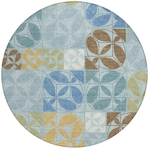 8 Ft Round Geometric Polyester Area Rug Washable Sky Blue Indoor Outdoor Patio