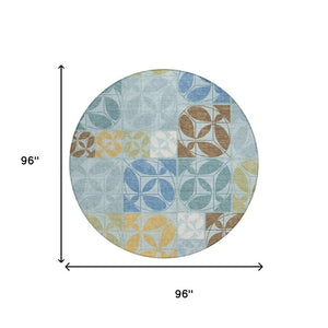 8 Ft Round Geometric Polyester Area Rug Washable Sky Blue Indoor Outdoor Patio