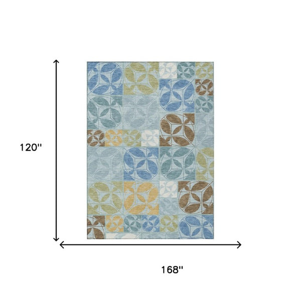 10 X 14 Sky Blue Geometric Polyester Area Rug Washable Stain Resistant Indoor Outdoor