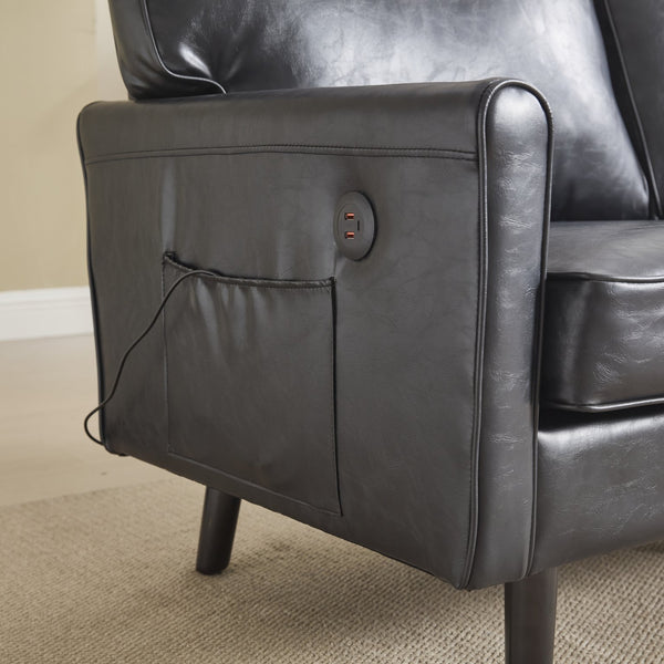 English Elm Loveseat Mid Century Modern Two-Seater Sofa with USB Type-C Charging, Removable Zipper Covers, Durable Wood Legs Black PU W395P238820