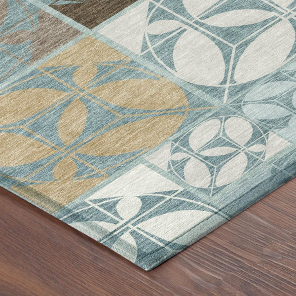 5x8 Teal Silver Geometric Polyester Area Rug Washable for Patio Porch or Living Room
