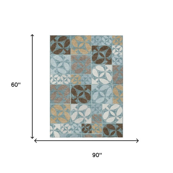 5x8 Teal Silver Geometric Polyester Area Rug Washable for Patio Porch or Living Room