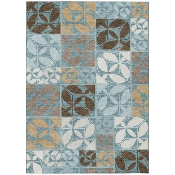 9 X 12 Teal Silver Geometric Polyester Area Rug Washable Stain Resistant Patio