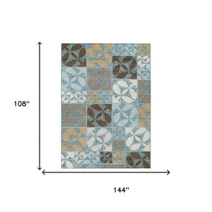 9 X 12 Teal Silver Geometric Polyester Area Rug Washable Stain Resistant Patio