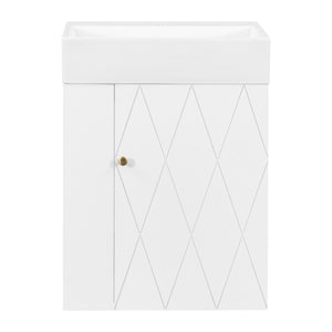 English Elm 20 Modern Wall-Mounted Bathroom Vanity with Ceramic Sink, Diamond Door, Gold Handles & Shelves — Compact White N725P314033K