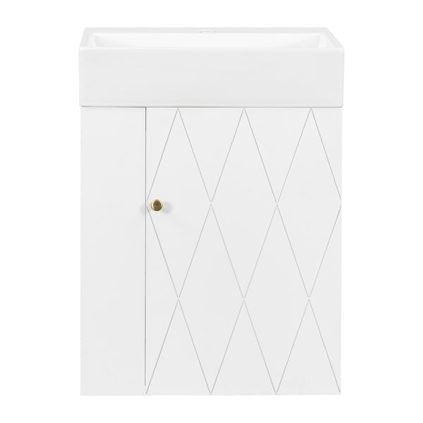 English Elm 20 Modern Wall-Mounted Bathroom Vanity with Ceramic Sink, Diamond Door, Gold Handles & Shelves — Compact White N725P314033K