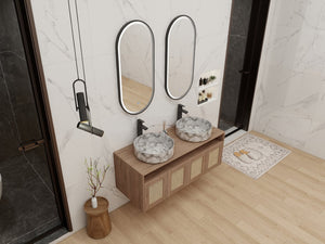 English Elm 48" Floating Bathroom Vanity Oak Finish Dual Ceramic Sinks Four Soft Close Doors W999S00494