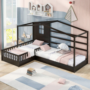 English Elm Wood House Bed L-shaped Twin Frame Pinewood Kids Room Peaked Roofline Espresso Finish LP001345AAP