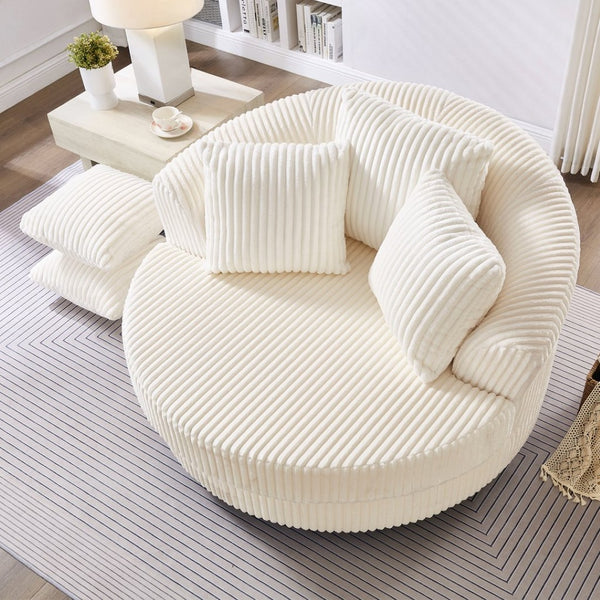 English Elm 360° 360 Swivel Round Lounge Chair Corduroy Upholstered Sculptural Seat with Removable Pillows Beige W3705S00037