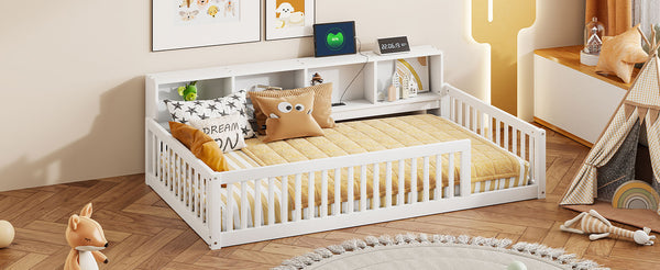 English Elm Wood Twin XL Floor Bed with Built-In Storage Cabinets, USB Charging Ports, Space-Saving Design White N709P205811K