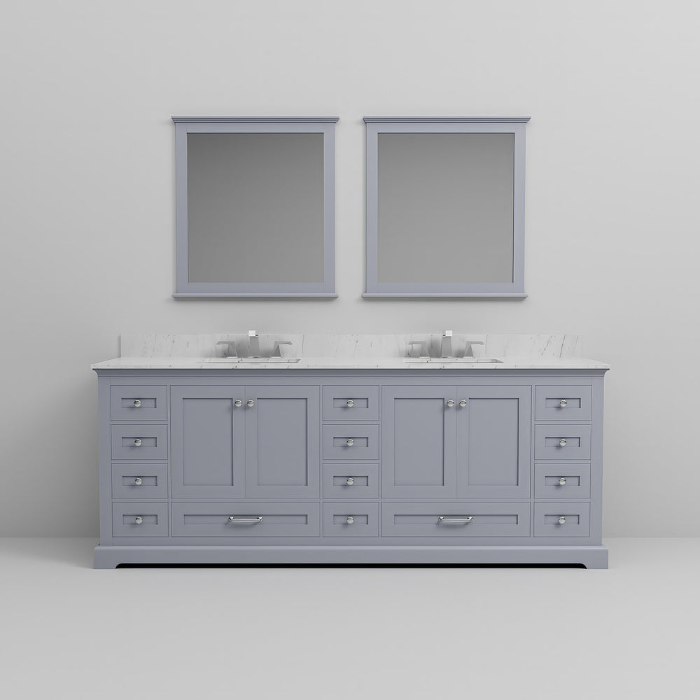 English Elm Dark Grey Double Bath Vanity Set - 84" W Carrara Marble Top, Mirrors & Faucet For Ultimate Style B2731S01039