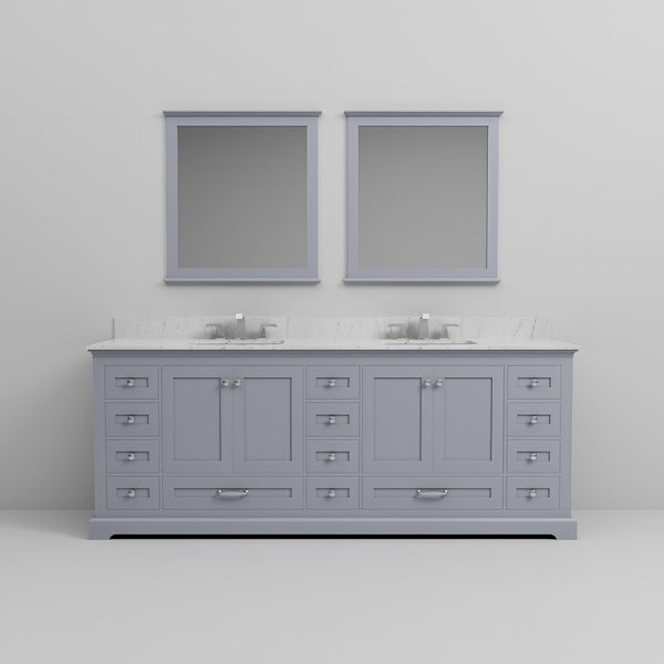 English Elm Dark Grey Double Bath Vanity Set - 84" W Carrara Marble Top, Mirrors & Faucet For Ultimate Style B2731S01039