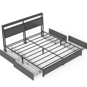 English Elm Queen Metal Platform Bed with Rgb Led Headboard Charging Station and Underbed Storage T3963P483004