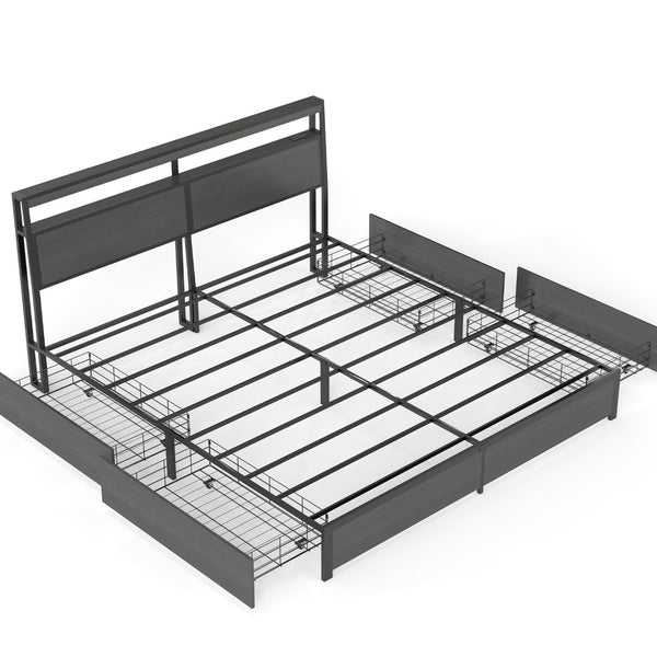 English Elm Queen Metal Platform Bed with Rgb Led Headboard Charging Station and Underbed Storage T3963P483004