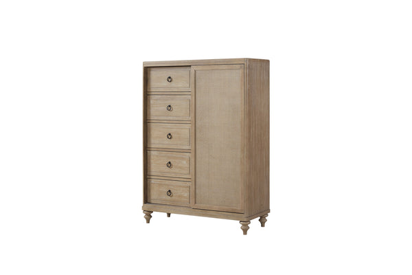 English Elm 5 Drawer Chest with Felt Top Drawer, Cedar-Lined Bottom & Custom Hardware in Neutral Finish, Solid Wood Piece Sand 47.25 L x 21.75 W x 59 H B2699P218793