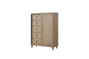 English Elm Queen Sand Canopy Bedroom Set with USB Nightstand, Cedar/Felt Drawers, Metal Accents & Mirror B2699S00058