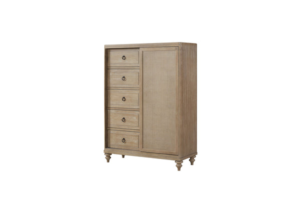 English Elm Queen Sand Canopy Bedroom Set with USB Nightstand, Cedar/Felt Drawers, Metal Accents & Mirror B2699S00058