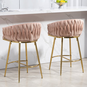 English Elm 26'' Plush Velvet Counter Stools Set of 2 with Adjustable Metal Legs, Gold Chrome Base & Footrest, Pink Luxury Seating W2215P184990