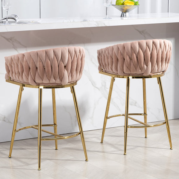 English Elm 26'' Plush Velvet Counter Stools Set of 2 with Adjustable Metal Legs, Gold Chrome Base & Footrest, Pink Luxury Seating W2215P184990