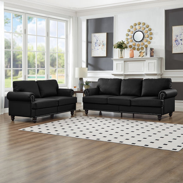 English Elm Modern Classic Living Room 2+3 Seater Sofa Set with Nailhead Trim, Removable Covers, Coil Springs, Hidden Storage Black W1097S00179
