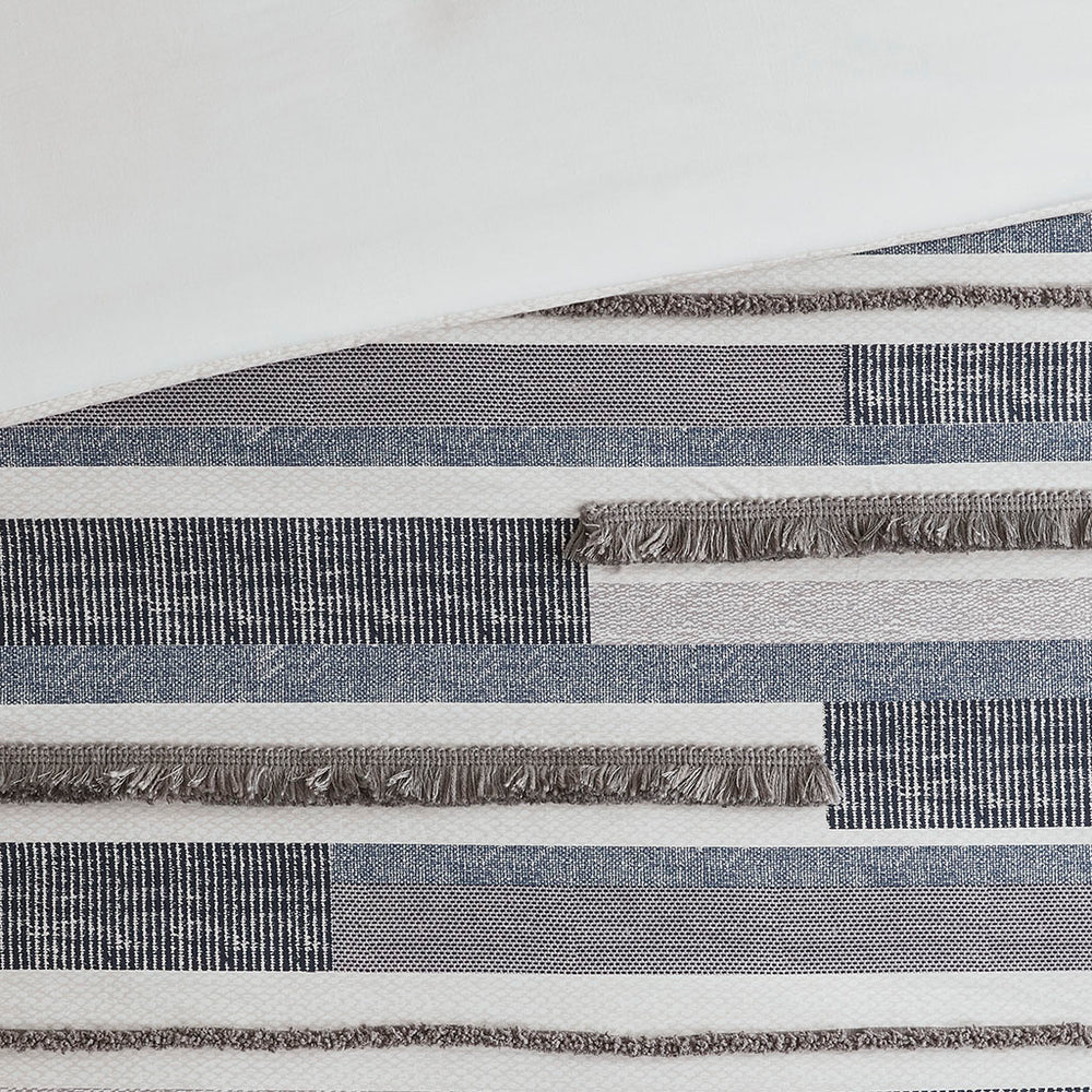 JLA Home INK+IVY - 3 Cotton Percale Comforter Set with Navy Gray Print, Fringe & Chenille Trims, Antimicrobial Freshness Protection 104 L x 92 W x 1.5H II10-1215