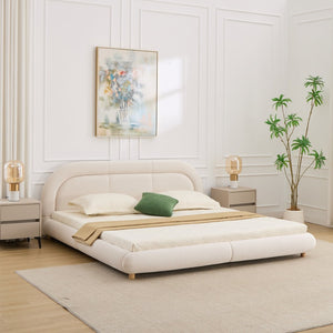 English Elm King Curved Velvet Upholstered Low Profile Platform Bed Sculpted Headboard Modern Beige W5632P452160