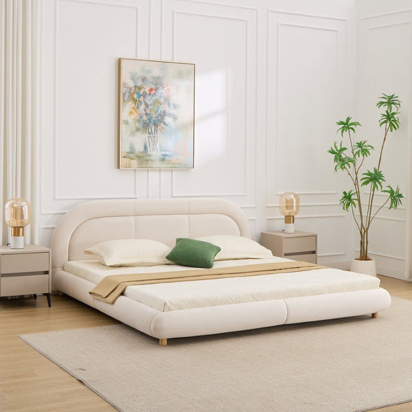 English Elm King Curved Velvet Upholstered Low Profile Platform Bed Sculpted Headboard Modern Beige W5632P452160
