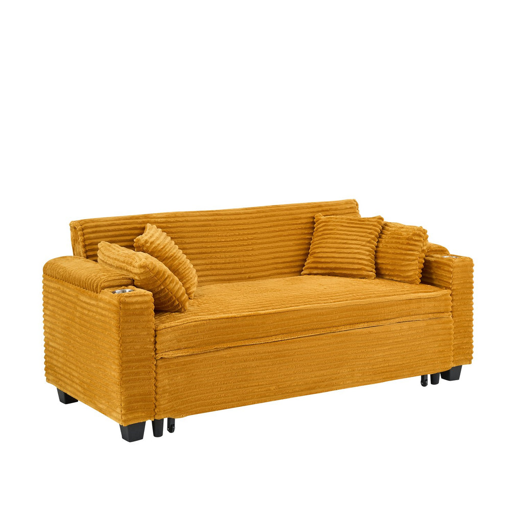 English Elm 80 80-inch Orange Corduroy Expandable Sofa Bed with Cup Holders, 3-Seater Convertible for Apt Living W1658P272544