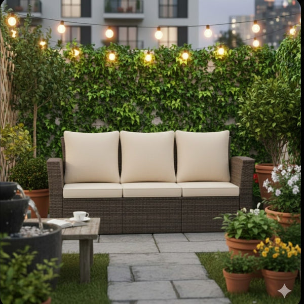 English Elm 67.7" Outdoor Wicker Three Seat Sofa High Back Pe Frame Patio Lounge Furniture Beige B082P455183