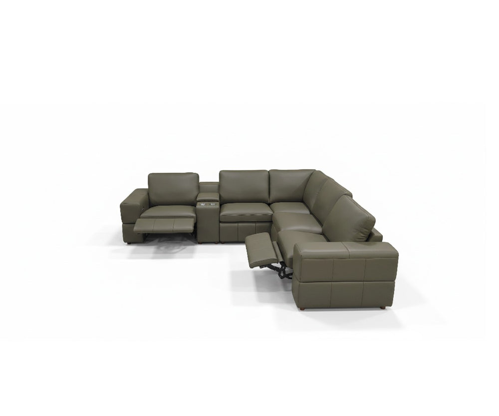 English Elm Premium Leather Match Sectional with Dual Recliners Cup Holders and Storage Console Olive Green B2748S00157