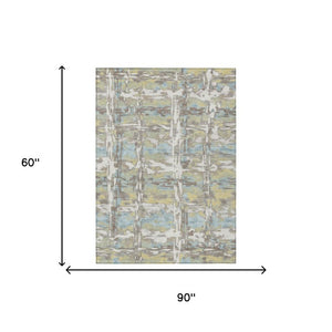 5 X 8 Abstract Ivory Green Polyester Area Rug Washable for Indoor Outdoor Use