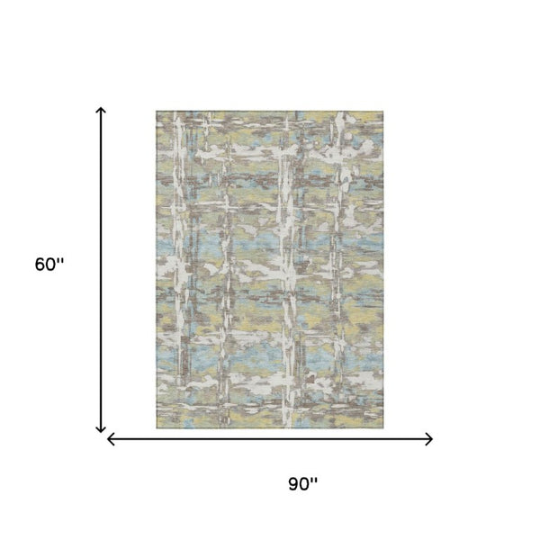 5 X 8 Abstract Ivory Green Polyester Area Rug Washable for Indoor Outdoor Use