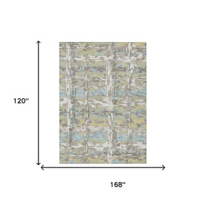 10 X 14 Ivory Green Abstract Polyester Area Rug Washable for Indoor Outdoor Use