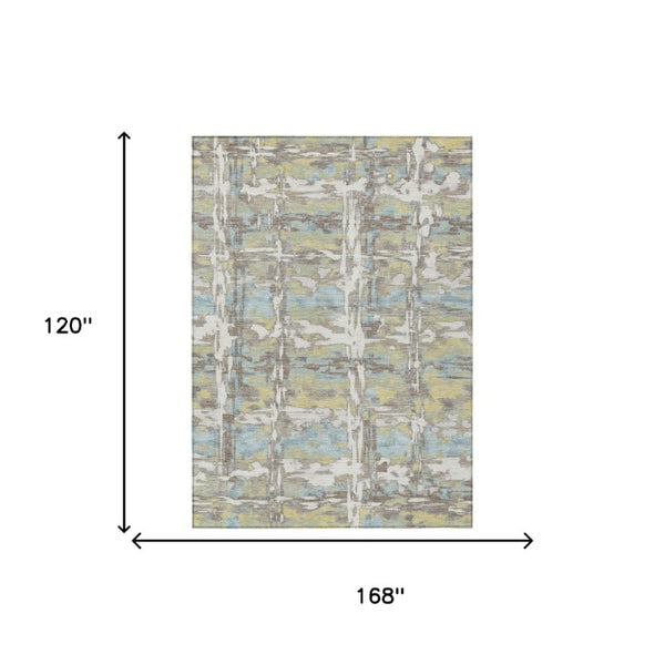10 X 14 Ivory Green Abstract Polyester Area Rug Washable for Indoor Outdoor Use