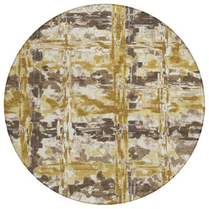 8 Ft Round Abstract Polyester Area Rug Washable Gold Geometric Indoor Outdoor Patio