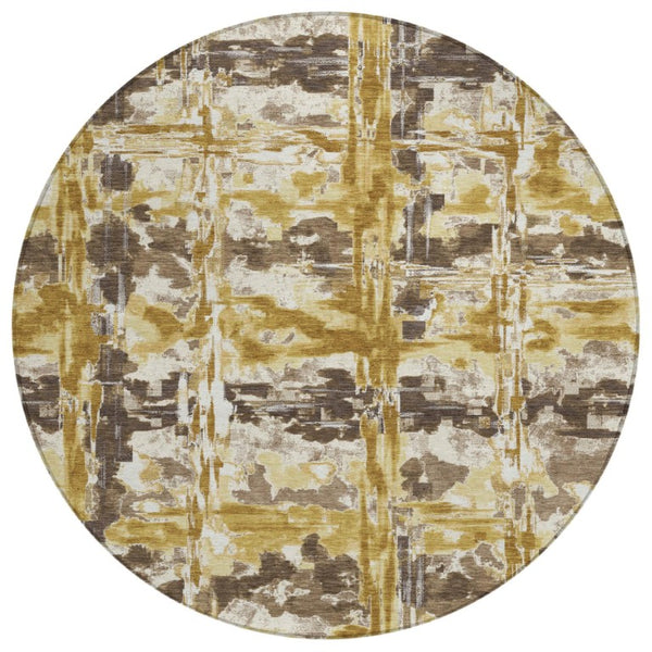 8 Ft Round Abstract Polyester Area Rug Washable Gold Geometric Indoor Outdoor Patio