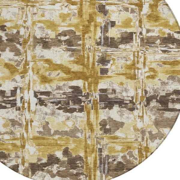 HomeRoots 8 Ft Round Abstract Polyester Area Rug Washable Gold Geometric Indoor Outdoor Patio 734024