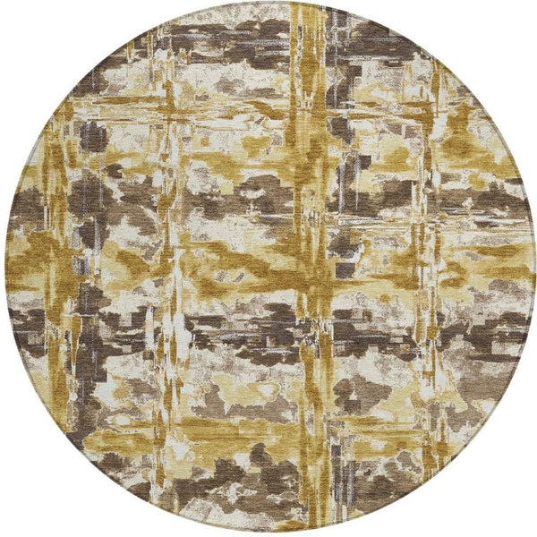 8 Ft Round Abstract Polyester Area Rug Washable Gold Geometric Indoor Outdoor Patio