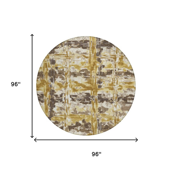 8 Ft Round Abstract Polyester Area Rug Washable Gold Geometric Indoor Outdoor Patio