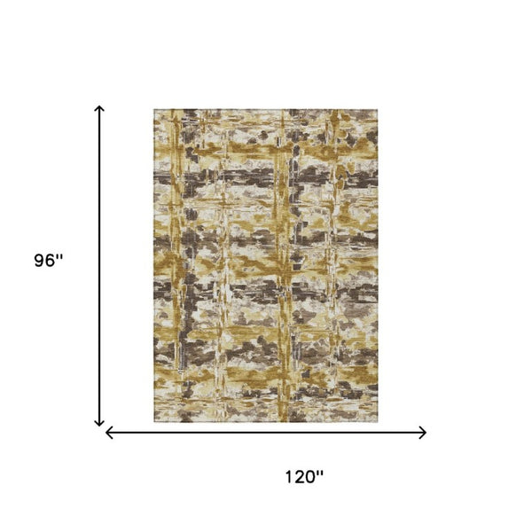 8 Ft X 10 Ft Gold Abstract Polyester Area Rug Stain Resistant for Patio or Living Room