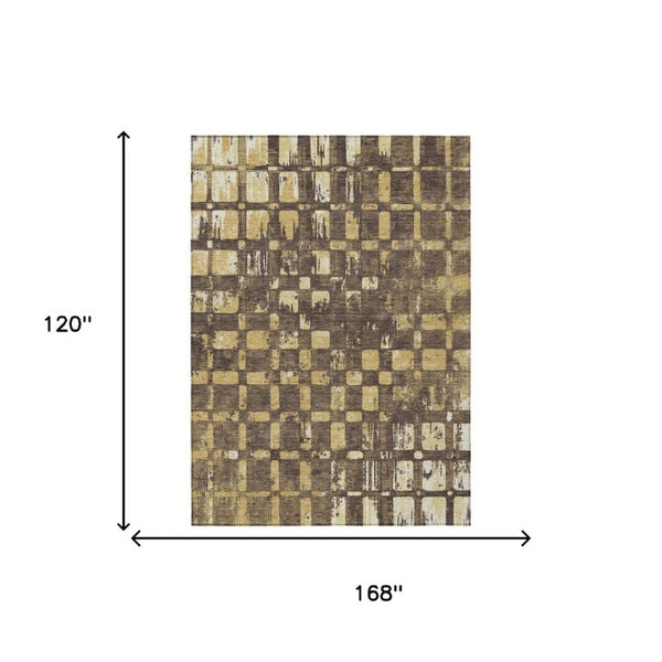 10 X 14 Abstract Brown Gold Polyester Area Rug Stain Resistant Indoor Outdoor Use