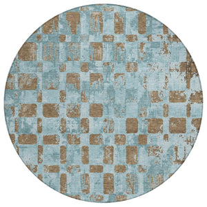 8 Ft Round Teal Aqua Abstract Polyester Area Rug Washable for Indoor Outdoor Use